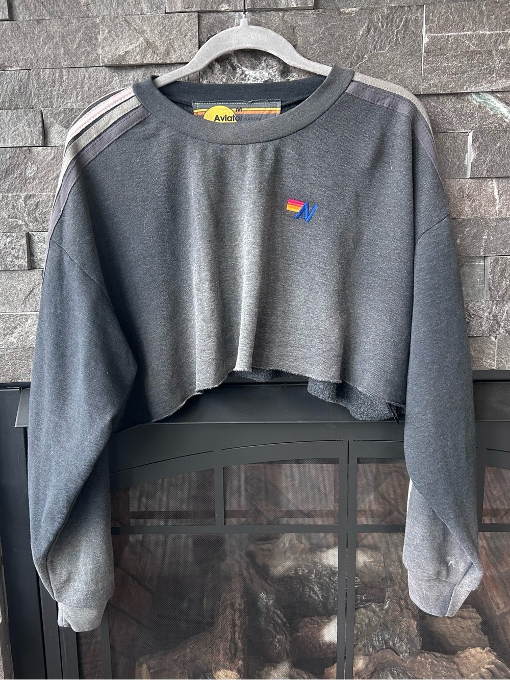 Aviator Nation 5 Stripe Cropped Sweatshirt in Faded Smoke
